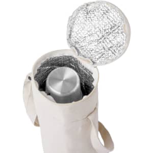 A drink bottle inside a beige cooler bag with a silver insulated lining, featuring a circular opening at the top.