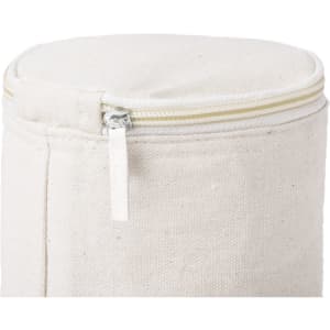 A drink bottle cooler in a natural beige fabric with a zip closure and a round top design. It has a simple logo.