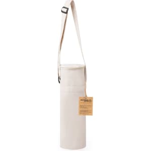 A drink bottle in a cream-coloured cooler bag with a shoulder strap and a tag attached.