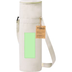 A drink bottle cooler bag in cream with a shoulder strap and a logo. It features a rectangular green patch.