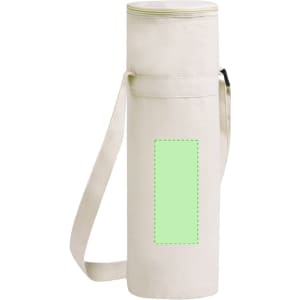 A drink bottle cooler bag in cream with a green patch and a shoulder strap, featuring a logo.