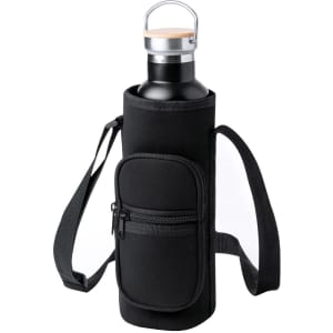 A drink bottle holder in black with a metal bottle and a zippered pocket, featuring a carry strap.