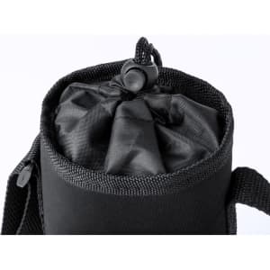 A drink bottle holder in black fabric with a drawstring closure and a sturdy handle. Features a logo.