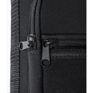 A drink bottle holder in black featuring zippers and a sleek design. It has a textured fabric finish and a small logo.