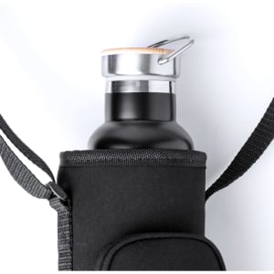 A drink bottle holder in black with a silver bottle cap and metal ring, featuring a strap for easy carrying.