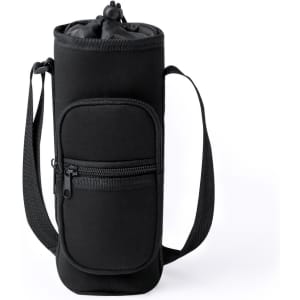A drink bottle holder in black neoprene with a zippered pocket and an adjustable shoulder strap.