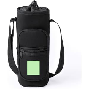 A drink bottle holder in black fabric with a green pocket and an adjustable strap for carrying.