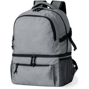 A grey backpack cooler bag with zippers and mesh side pockets, featuring a logo on its front.