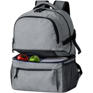 A grey cooler bag backpack with a compartment containing apples, a lunch container, and mesh side pockets.