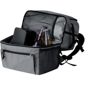A grey cooler bag backpack with a mesh pocket, filled with drink bottles and a container. It has a front zip pocket.