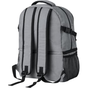 A grey cooler bag backpack with adjustable straps, a mesh pocket, and a sturdy handle on top.