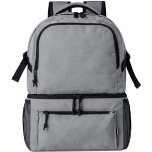 A grey cooler bag backpack featuring zippers, pockets, and a mesh side compartment. It has a logo on the front.