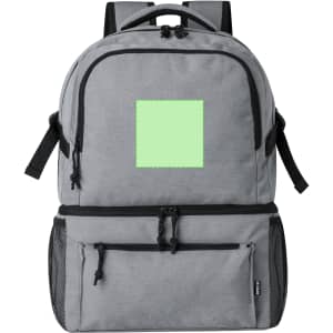 A grey backpack cooler bag with multiple compartments and a blank area for custom branding.
