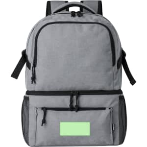 A grey cooler bag backpack with multiple compartments, featuring zippers and mesh pockets, including a logo.