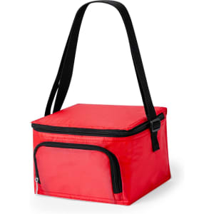 A red cooler bag with a black zip closure and adjustable strap. It features a front pocket and a logo.