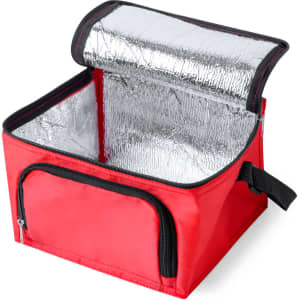 A red cooler bag with a silver insulated interior and a zippered compartment. It features a foldable flap and handles.