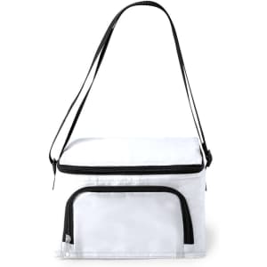 A white cooler bag with a black zipper and strap, featuring a front pocket and branding.