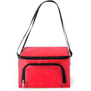 A red cooler bag with a black zippered front pocket and an adjustable shoulder strap. It features a logo.