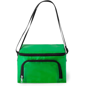 A green cooler bag with a black strap and zippered compartments, featuring a logo on the front.