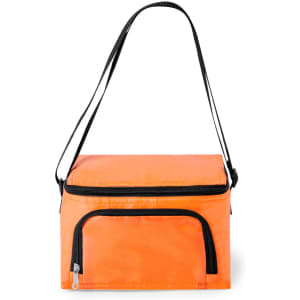 An orange cooler bag with a black strap and a front zippered pocket, featuring a logo.
