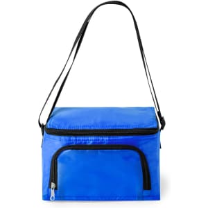 A blue cooler bag with a zippered compartment and a black adjustable shoulder strap. It features a logo on the side.