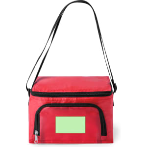 A red cooler bag with a zippered front pocket and black shoulder strap. It features a logo on the side.