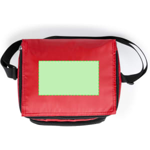 A red cooler bag with a black base and a blank area for custom branding. It features an adjustable shoulder strap.