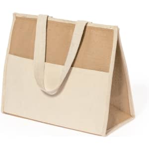 A cream and brown cooler bag with a structured shape and sturdy handles. It features a branding logo.