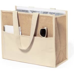 A beige cooler bag with a silver insulated interior, featuring a side pocket and a notebook. It also includes a drink bottle.