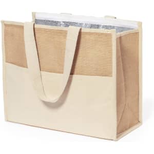 A beige cooler bag with a silver insulated interior and two sturdy handles. It features a simple, natural design.