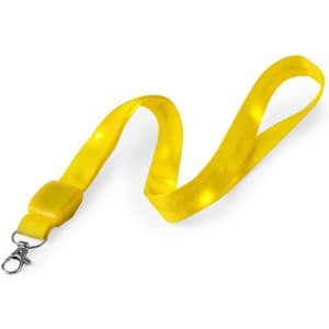 A bright yellow lanyard with integrated lights and a metal clip for attaching items, ideal for events and exhibitions.