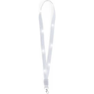 A white lanyard with built-in lights and a clip at the bottom, featuring a logo.