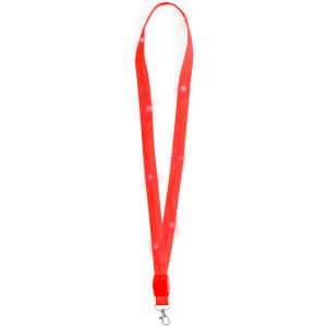 A bright red lanyard featuring a clip for attachment and a simple design, with a logo present.
