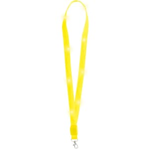 A yellow lanyard featuring built-in lights and a metal clip for attaching badges or identification.