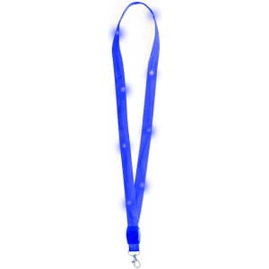 A blue lanyard with a clip at the bottom, featuring a smooth, glossy finish.