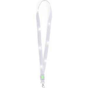 A white lanyard featuring embedded lights and a clip attachment. It includes a branding logo near the bottom.