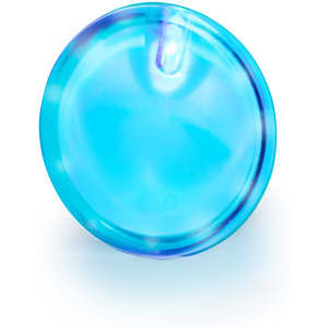 A bright blue lapel pin with a smooth, glossy finish and a small attachment point at the top.