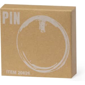 A brown box with a circular design, labelled 'PIN' and featuring a logo, containing a lapel pin.