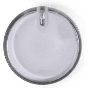 A round, silver lapel pin with a smooth surface and a small attachment mechanism on the back.