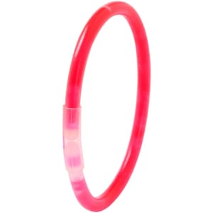 A pink glow bracelet with a transparent connector. It has a simple circular design and emits light.