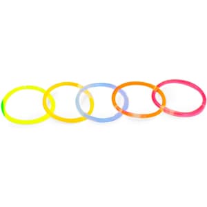 A set of five glow bracelets in vibrant colours including yellow, green, blue, orange, and pink.