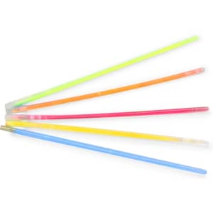 A set of glow bracelets in neon yellow, orange, pink, and blue, featuring a logo on the packaging.