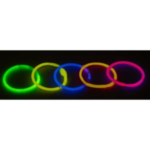 A display of five glowing bracelets in green, blue, yellow, pink, and orange, arranged in a row against a dark background.