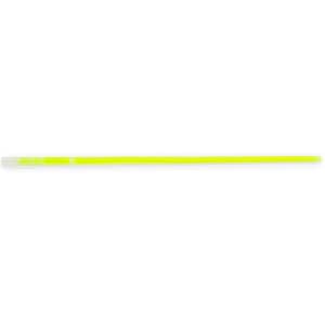 A glowing yellow bracelet with a smooth, flexible design, featuring a logo on one side.