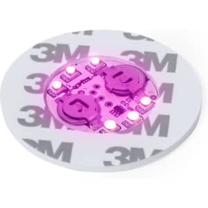 A round white coaster featuring a pink LED design in the centre, with a logo prominently displayed.
