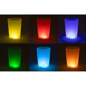 A collection of six glowing cups in yellow, red, purple, green, blue, and orange, displayed against a dark background.