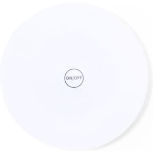 A white coaster featuring an "ON/OFF" logo at the centre, designed for home use.