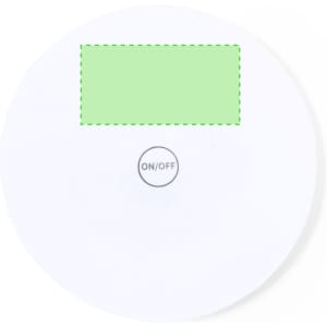 A round white coaster with a centre button marked "ON/OFF" and a green rectangular area.