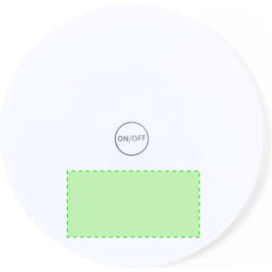 A round white coaster featuring an on/off button and a blank green area.