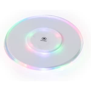 A round, illuminated coaster with a clear surface and multicoloured LED lights around the edge. It features an on/off switch.